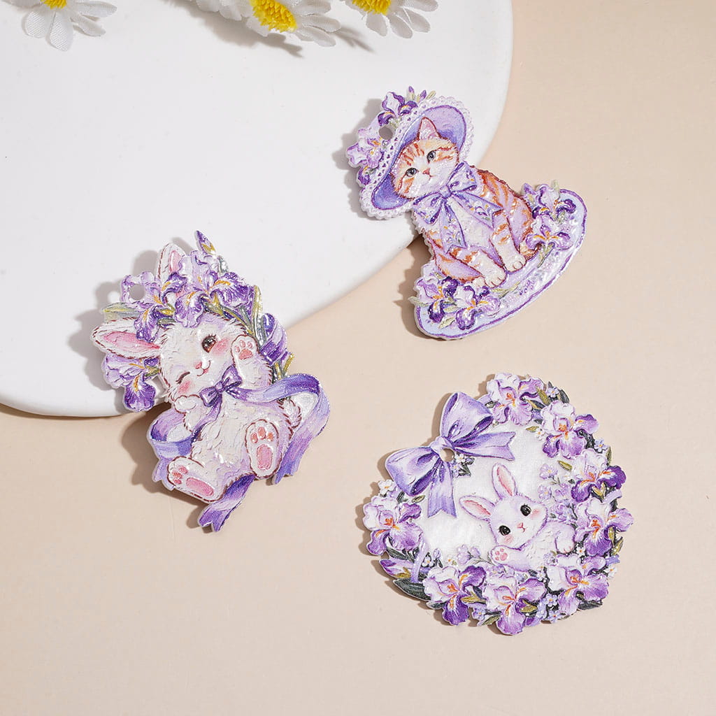 Acrylic Charm Pendants with Purple Iris Flower, Bunny & Kitten Design, Random Mix