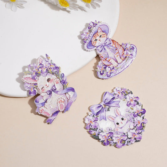 Acrylic Charm Pendants with Purple Iris Flower, Bunny & Kitten Design, Random Mix