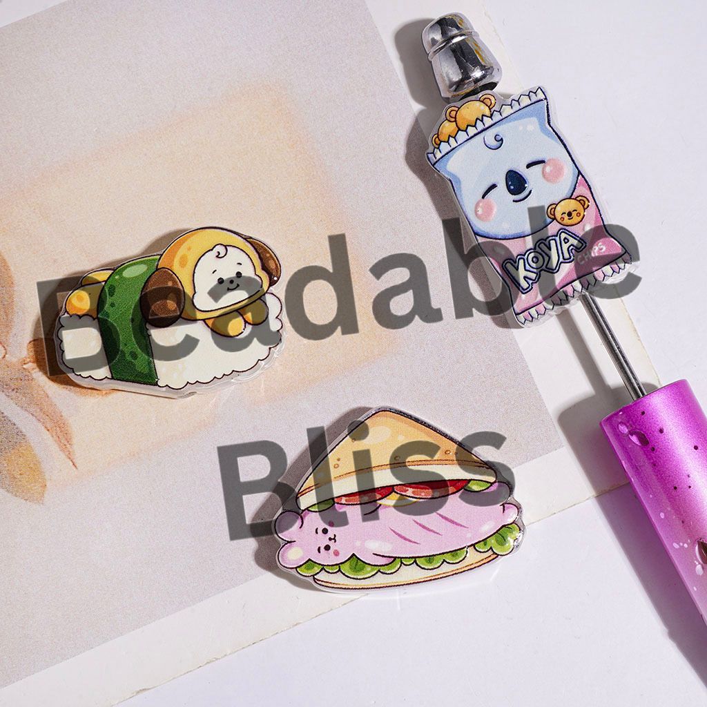 Acrylic Beads Snack Sushi Instant Noodles Takoyaki Sandwich Hot Dog Stick, Fast Food Series, Random Mix
