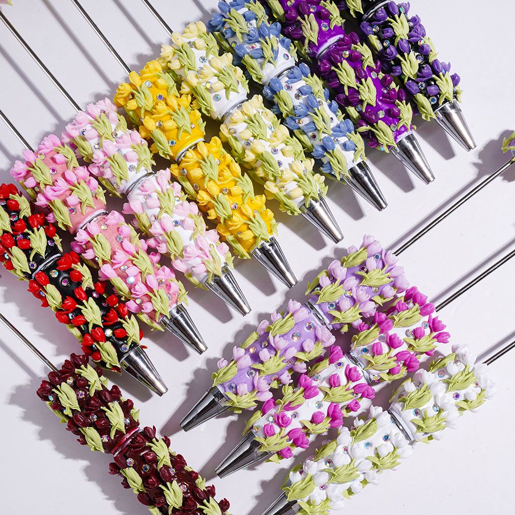 Beadable Clay Pens with Tulip Flower and Green Leaf, AB Rhinestones, Multicolor