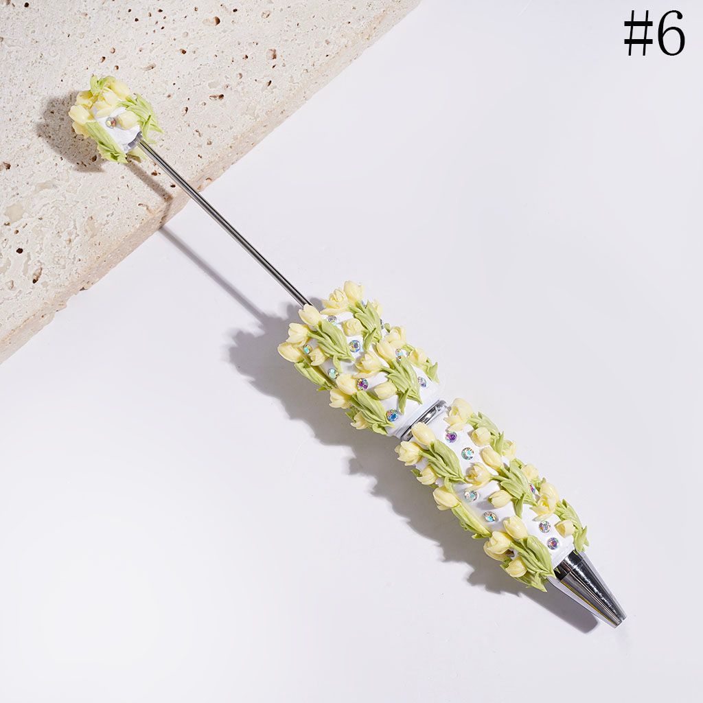 Beadable Clay Pens with Tulip Flower and Green Leaf, AB Rhinestones, Multicolor