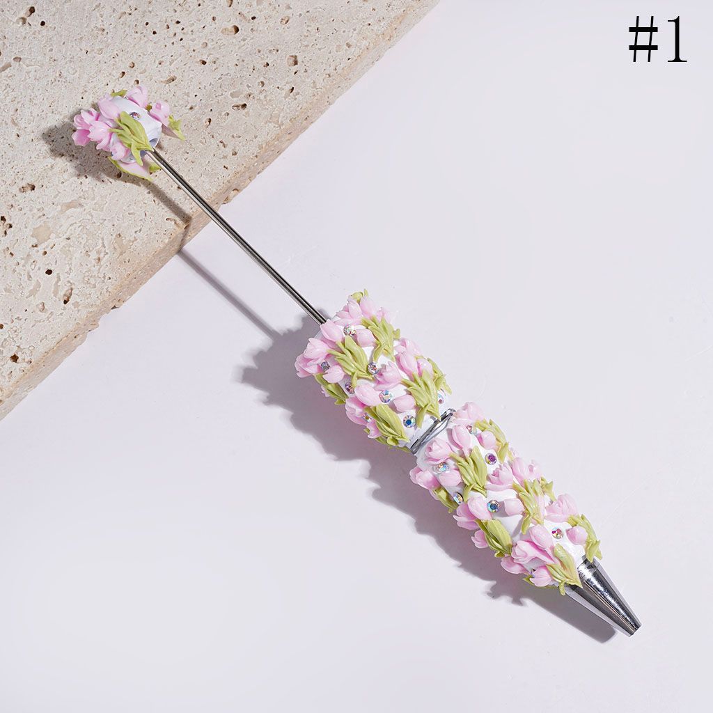 Beadable Clay Pens with Tulip Flower and Green Leaf, AB Rhinestones, Multicolor
