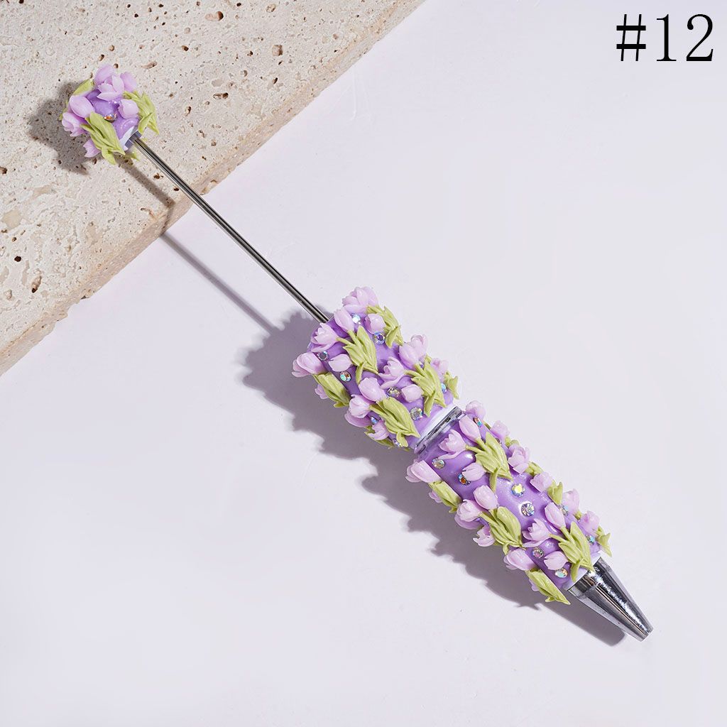 Beadable Clay Pens with Tulip Flower and Green Leaf, AB Rhinestones, Multicolor