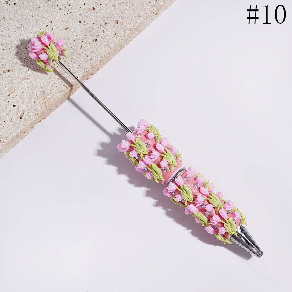 Beadable Clay Pens with Tulip Flower and Green Leaf, AB Rhinestones, Multicolor