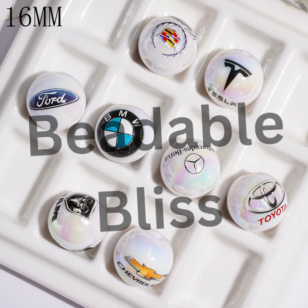 UV-Coated Acrylic Beads for Bracelets with Famous Car Badge Print, 16MM Random Mix