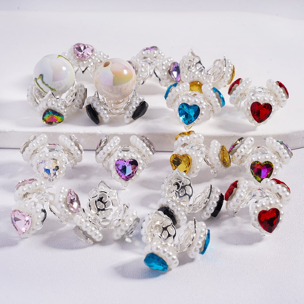 Metal Beads Cages with Hearts and White Pearl Chains, Silver Beads Caps, Multi-Color (They Fit 16MM Beads)