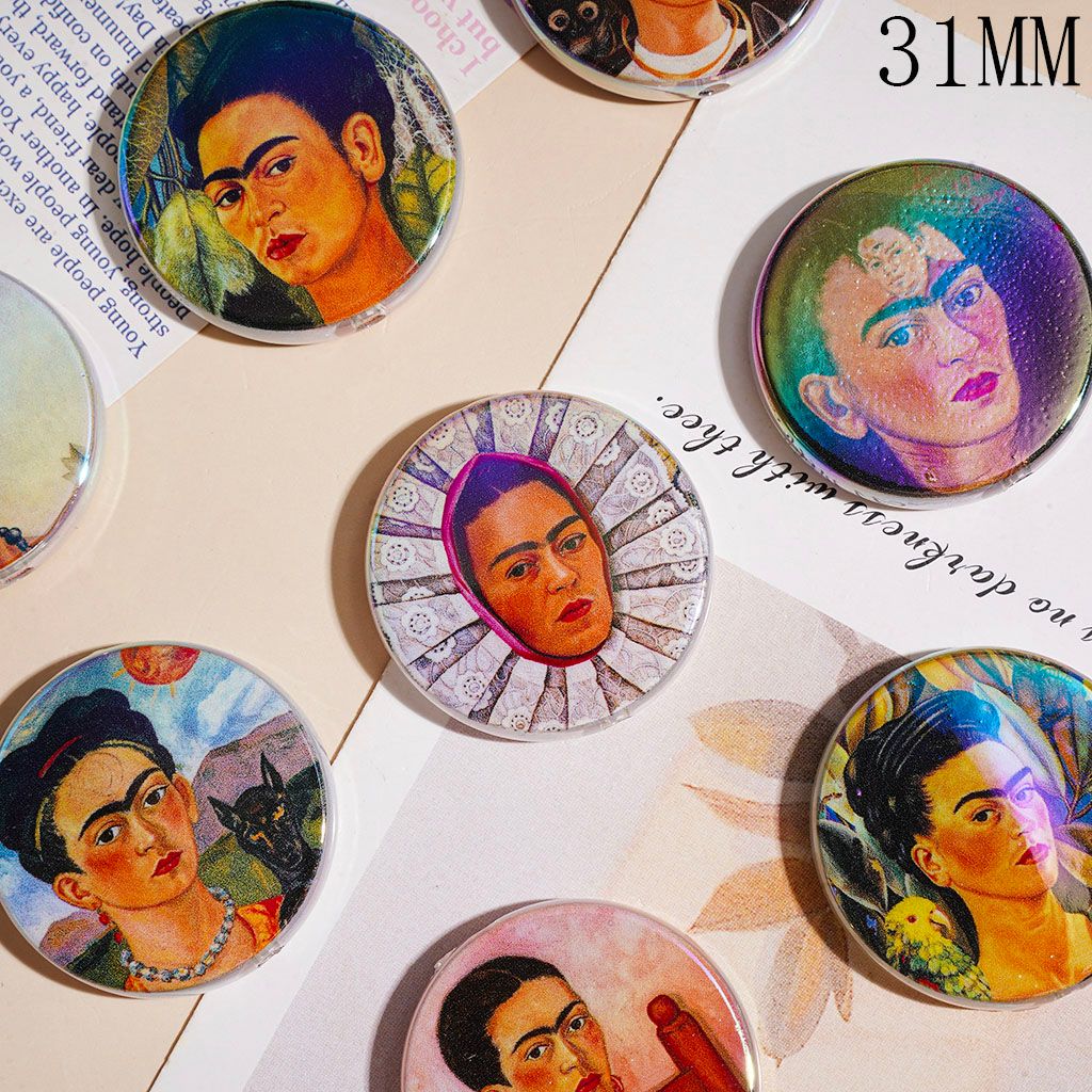 Frida Oil Painting Portraits Series UV-Coated Acrylic Beads, 31MM, Flat Round Shape, Random Mix