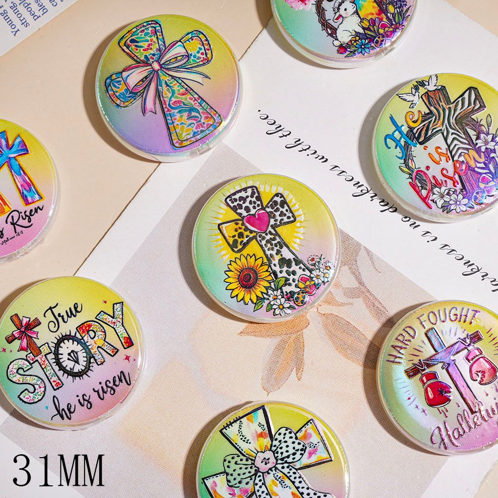 UV-Coated Colorful Cross Butterfly Flower Printed Acrylic Beads, 31MM, Flat Round Shape, Random Mix