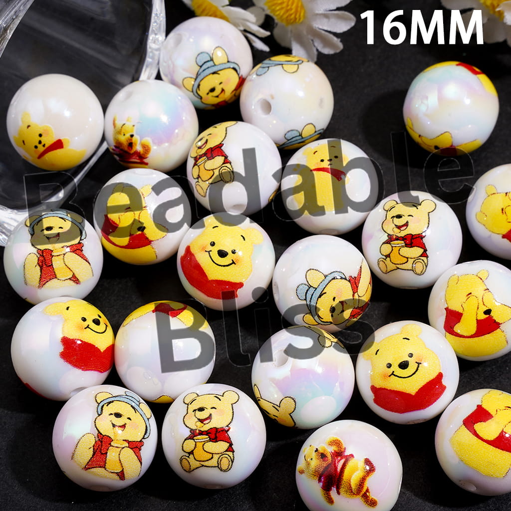 UV Coating Acrylic Beads for Bracelets w Honey Bear Character Series, 16MM, Random Mix