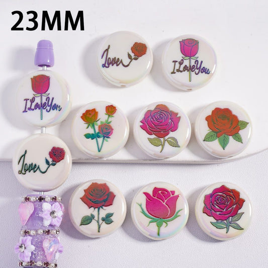 Set of decorative buttons with roses and 'I Love You' text on a white background.