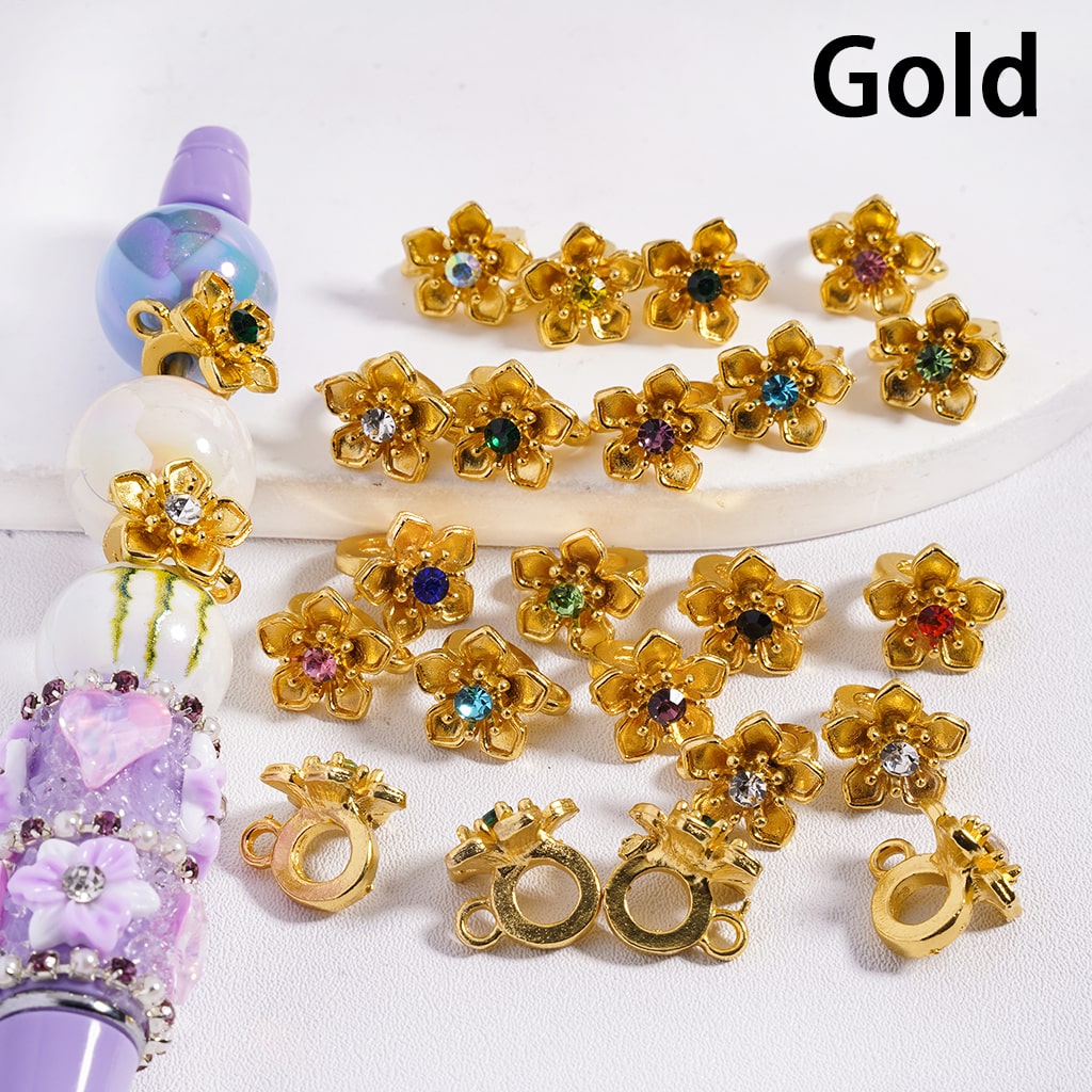 Alloy Bail Beads with Five-Petaled Flower with Various Colors Rhinestone, Jewelry Pendant, 12MM, Gold and Silver