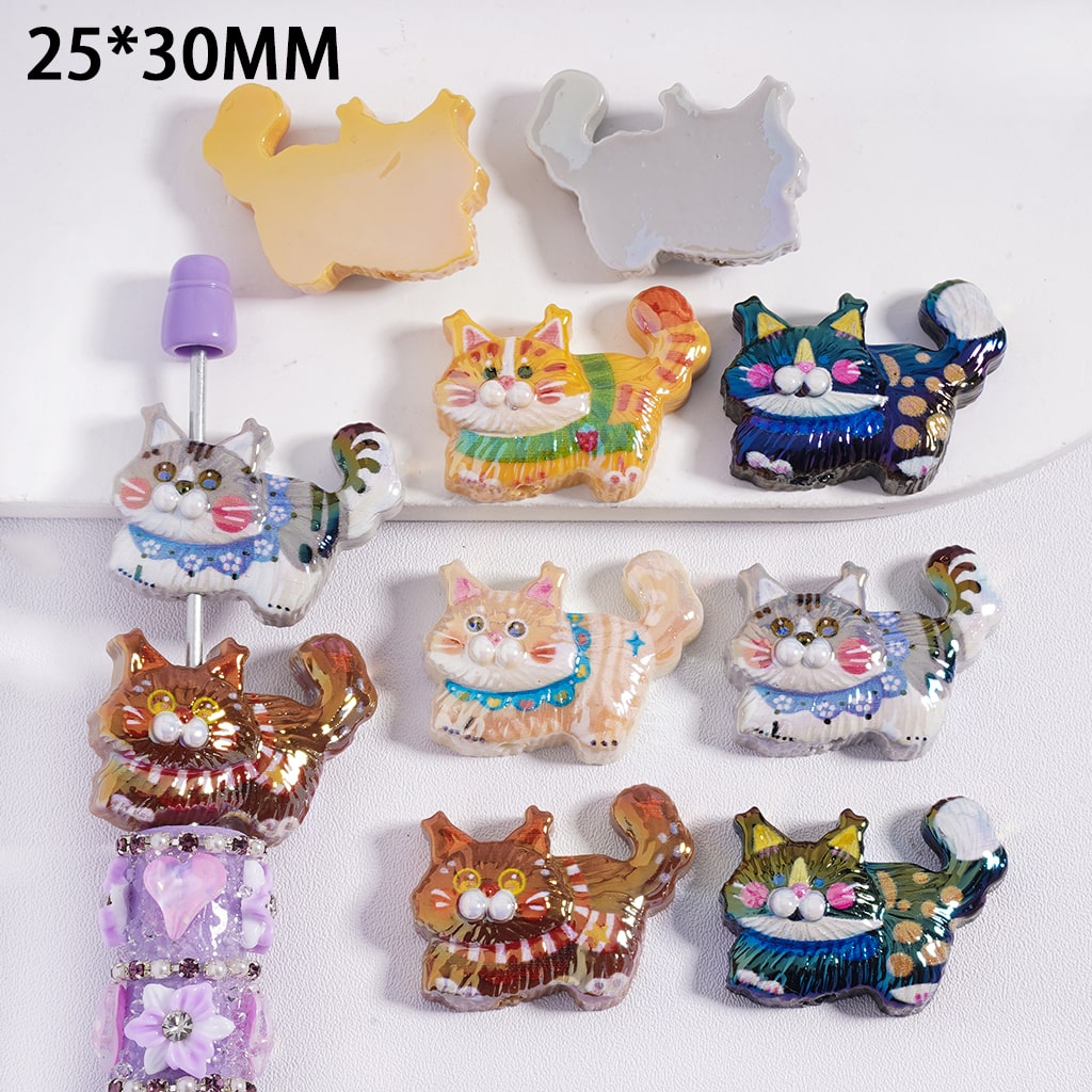 Acrylic Beads Cute Kitten with Scarf and Bib in Various Style, 25*30MM, Random Mix