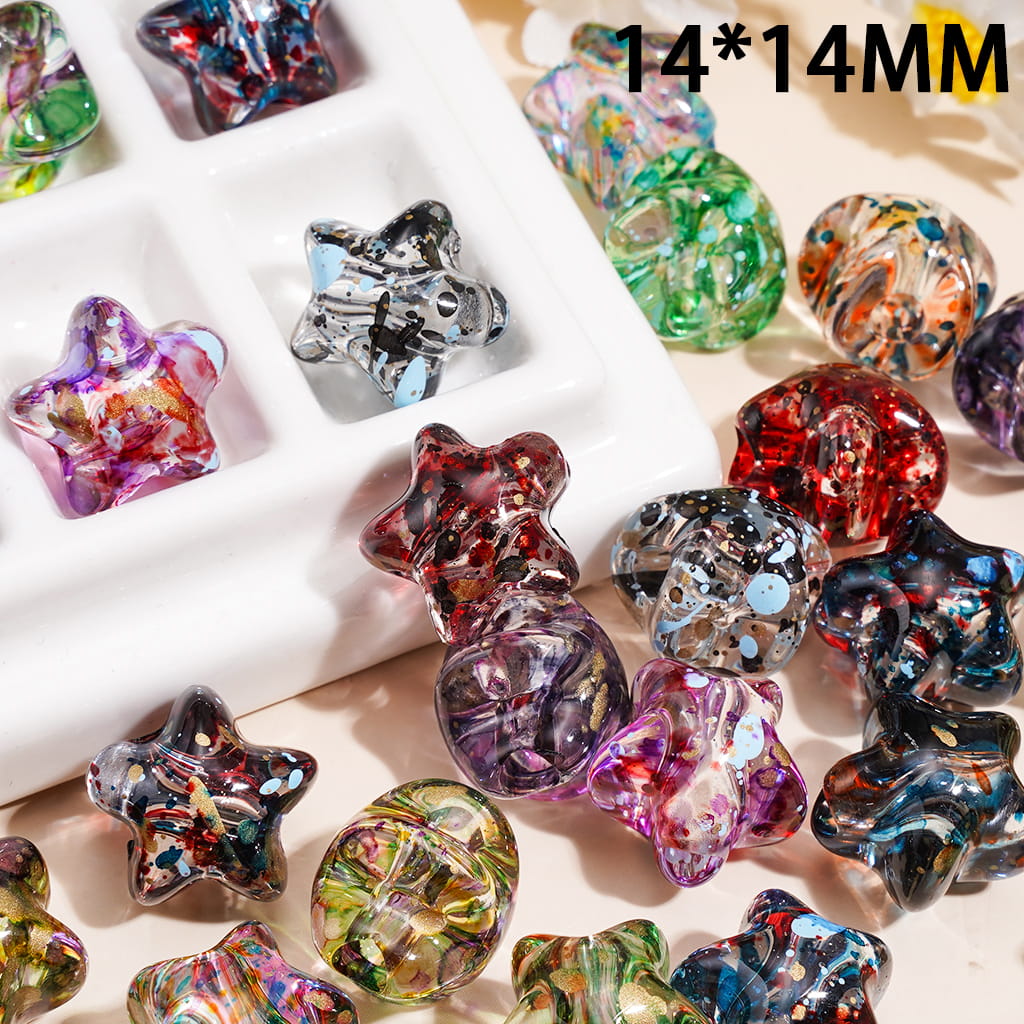 Transparent Star Shaped Acrylic Beads with Watercolor Ink Splash Effect, 14*14MM, Random Mix