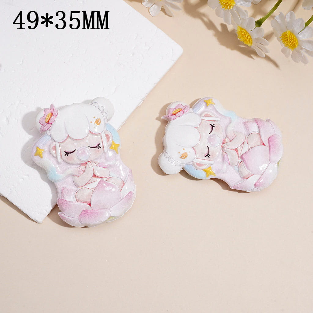 Acrylic Beads w Sleeping Girl Blowing Bubbles & sitting on Lotus Flower, Raised Textured, 49*35MM