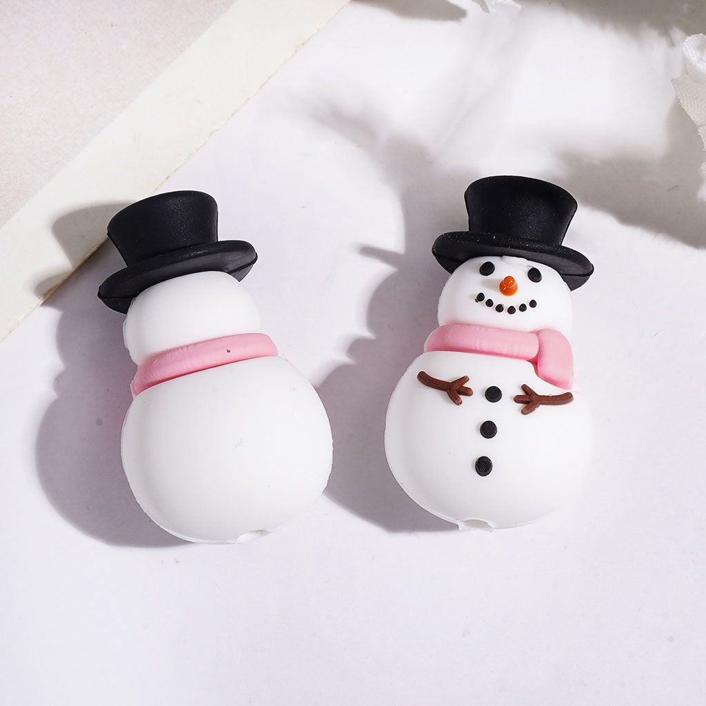 Silicone Focal Beads 3D Cute Snowman with Black Top Hat and Various Colors Scarf