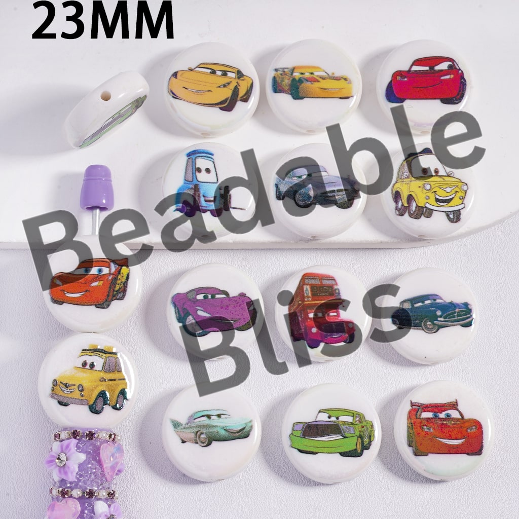 Set of car-themed buttons on a white background with 'beadablebliss.' branding.