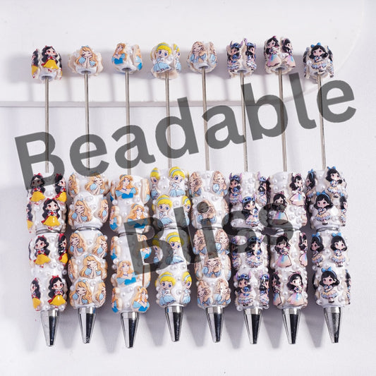 Beadable Clay Pens with Beautiful Princess Series and White Pearls, Random Mix