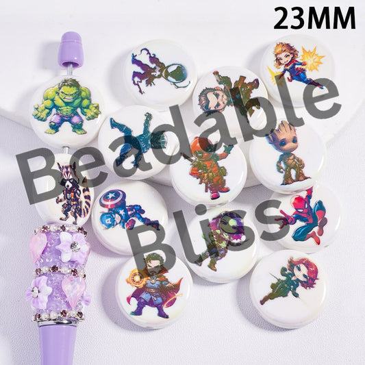 Set of colorful character buttons on a white background with 'beadablebliss' branding.