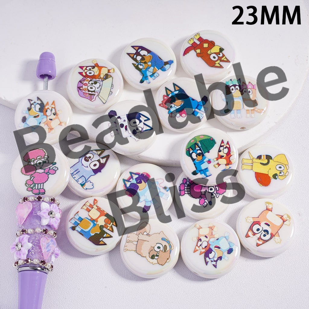 Set of colorful cartoon character buttons on a white background with 'beadablebliss' branding.