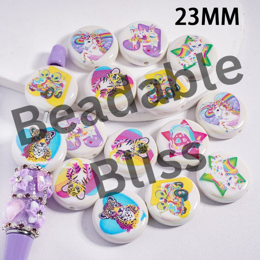 Colorful buttons with animal designs on a white background, branded 'beadablebliss'.