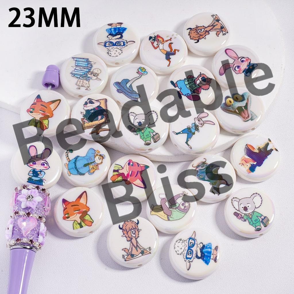 Set of colorful buttons with cartoon characters on a white background, with 'beadablebliss' branding.