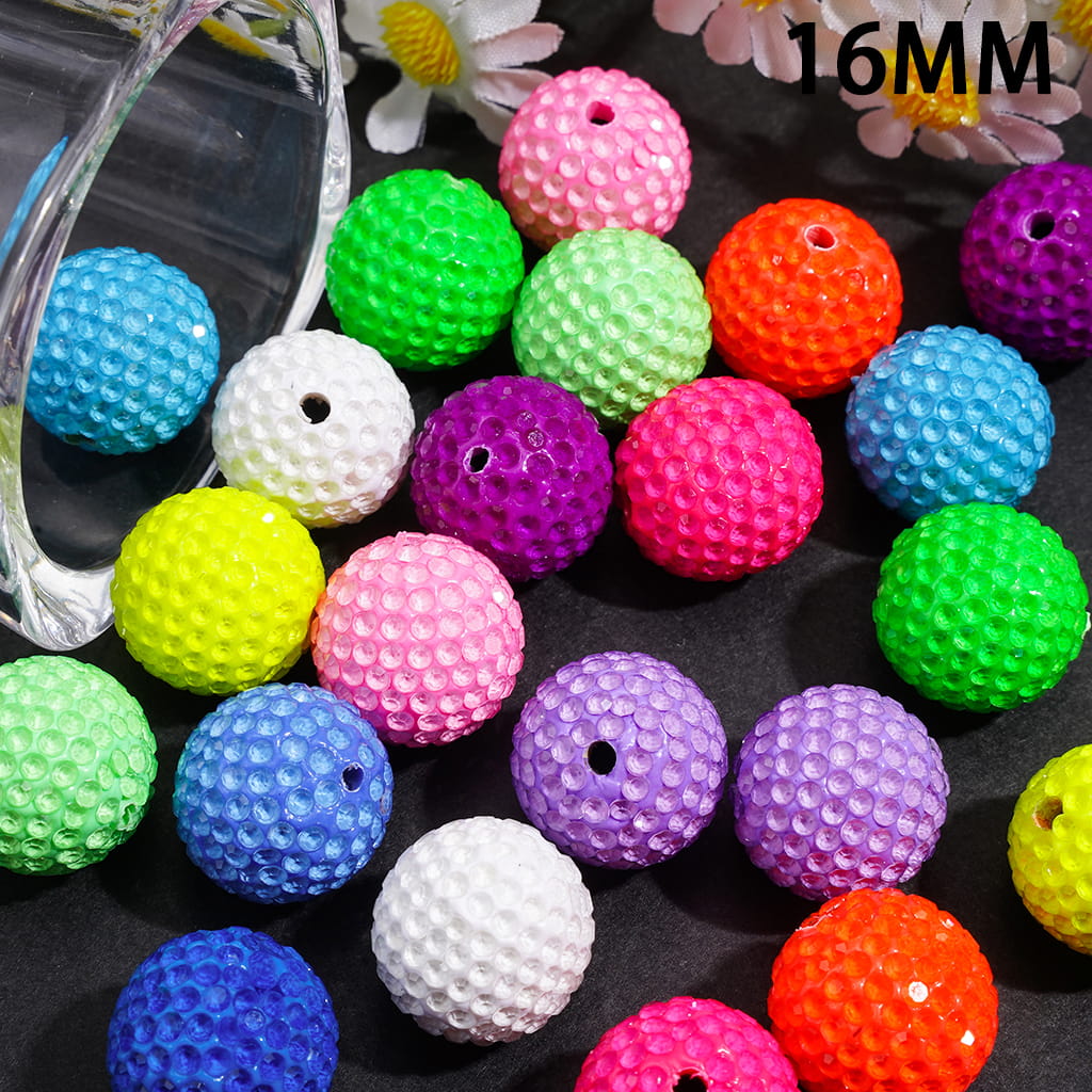 Clay Beads with Fluorescent Bubble Texture Clear Rhinestones, 16MM Multi-Color