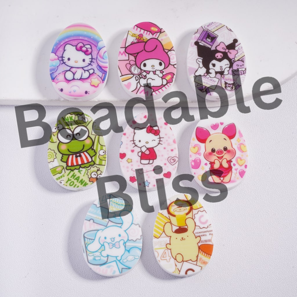 Set of colorful cartoon character buttons on a white background with 'beadablebliss' text.