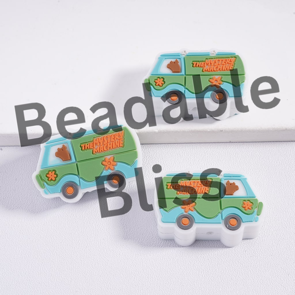Three cartoon-style vans with 'The Mystery Machine' text on a white background, branded 'beadablebliss'.