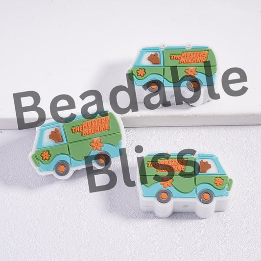 Three cartoon-style vans with 'The Mystery Machine' text on a white background, branded 'beadablebliss'.