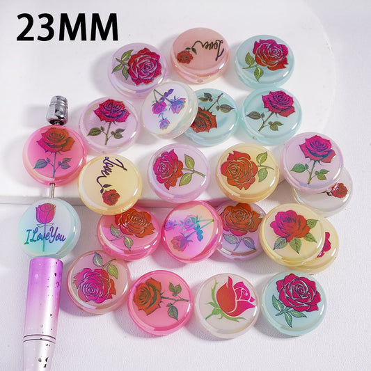 Set of round decorative buttons with floral designs and 'I Love You' text on a white background.