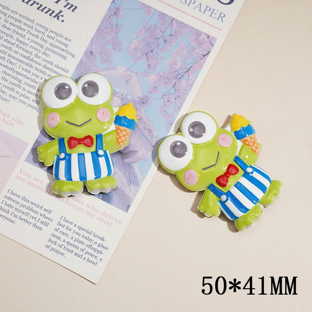 Acrylic Beads w Big-Eyed Frog Character Holding Ice Cream, Raised Textured Design, 50*41MM