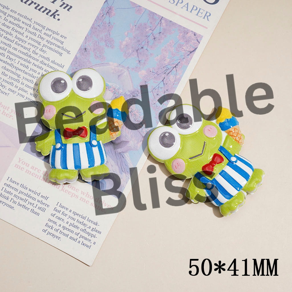Acrylic Beads w Big-Eyed Frog Character Holding Ice Cream, Raised Textured Design, 50*41MM