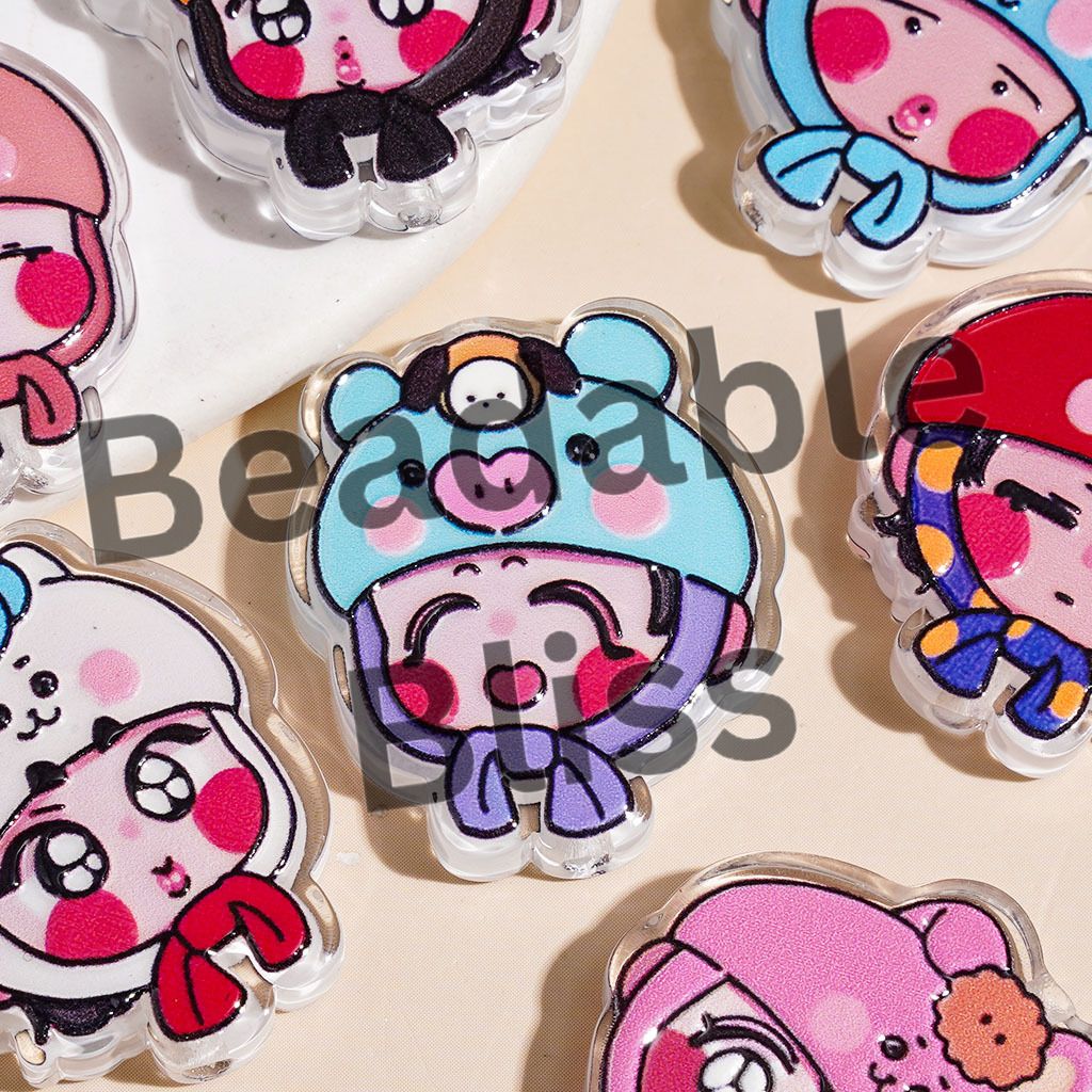 Acrylic Beads Little Kids with Various Style Animal Hat, Semi-Clear, Random Mix
