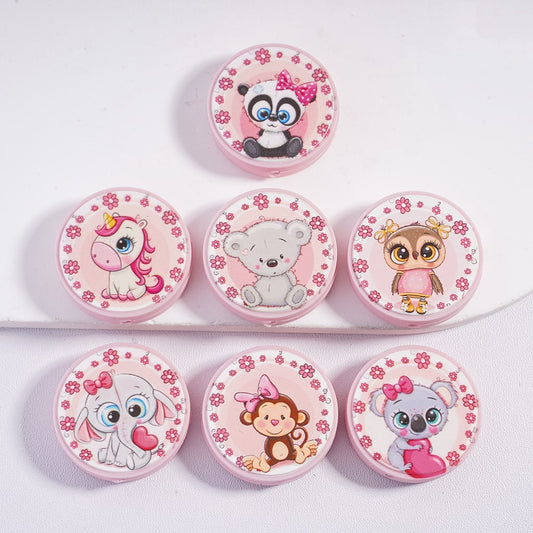 Silicone Focal Beads with Various Cute Animal and Flower Patterns, Flat Round Shape, Pink Series, Random Mix