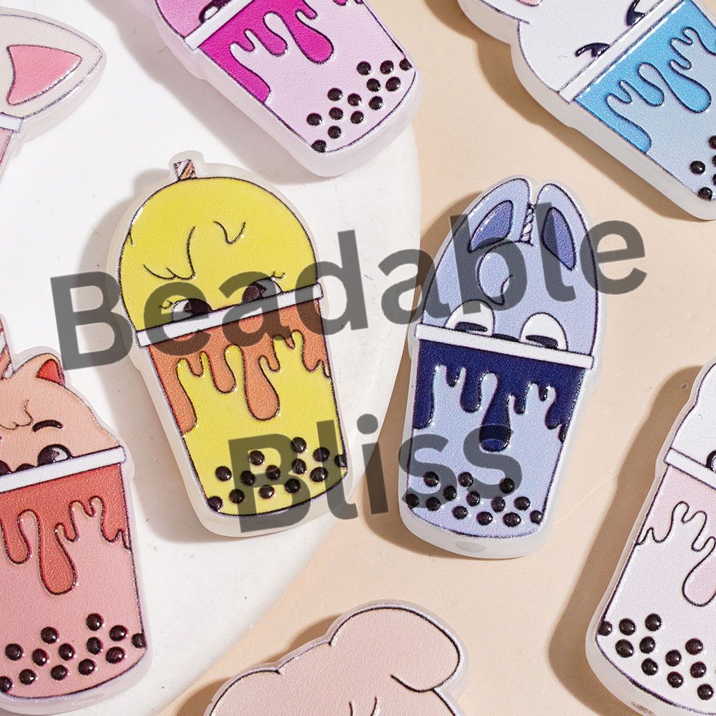 Acrylic Beads Bubble Tea Cup with Animal Head, Around 31MM, Assorted Colors, Random Mix