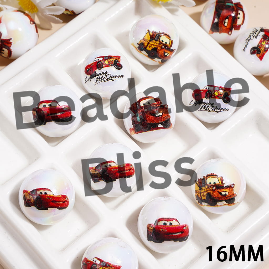 UV Coating Acrylic Beads for Bracelets w Sports Car Character Series, 16MM, Random Mix