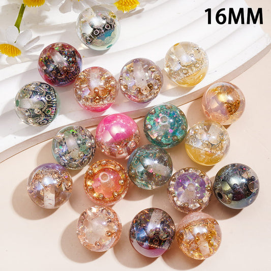 Transparent Acrylic Beads for Bracelet with Crown Detail & Embedded Glitter Flakes, 16MM, Random Mix