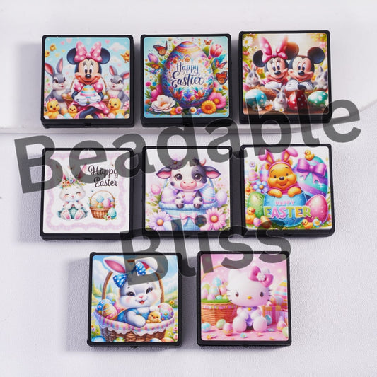 Set of colorful Easter-themed coasters with cartoon characters on a white background.