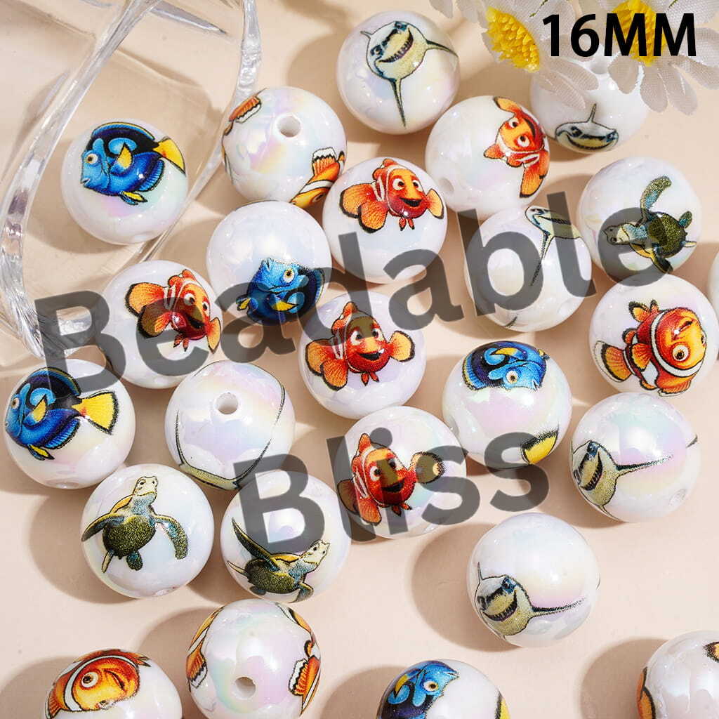UV Coating Acrylic Beads for Bracelets w Marine Life Character Series, 16MM, Random Mix