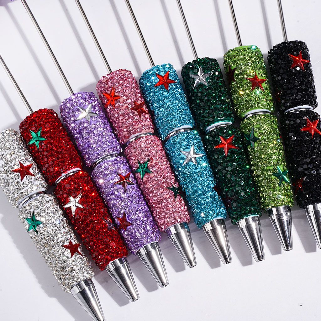Beadable Clay Pens with Sparkling Five Pointed Star and Mini Rhinestones Covered the Entire Pens, Multi-Color