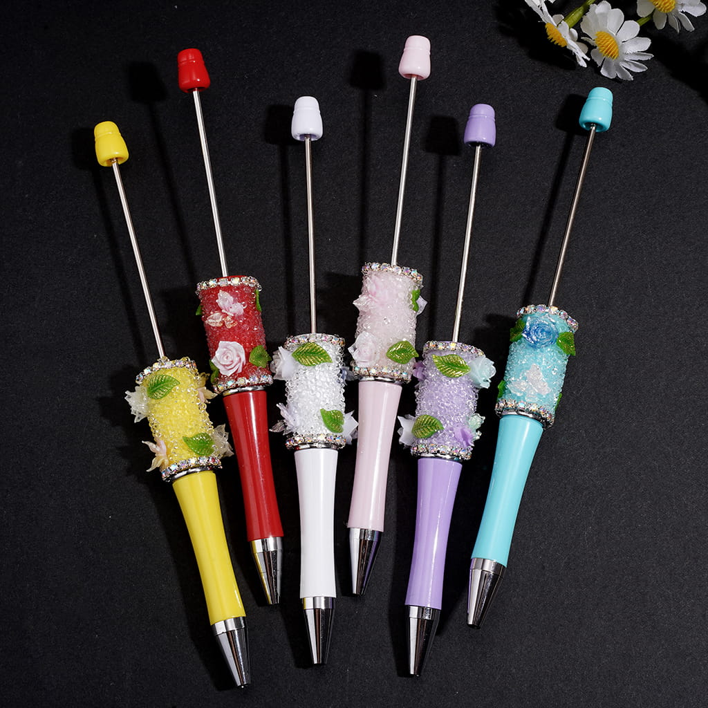 Hand-Made Beadable Sugar Pen w Leaf, Flower & Butterfly Designs, AB Rhinestone Chain, Multi-Color