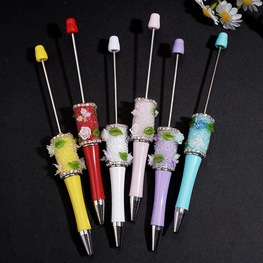 Hand-Made Beadable Sugar Pen w Leaf, Flower & Butterfly Designs, AB Rhinestone Chain, Multi-Color