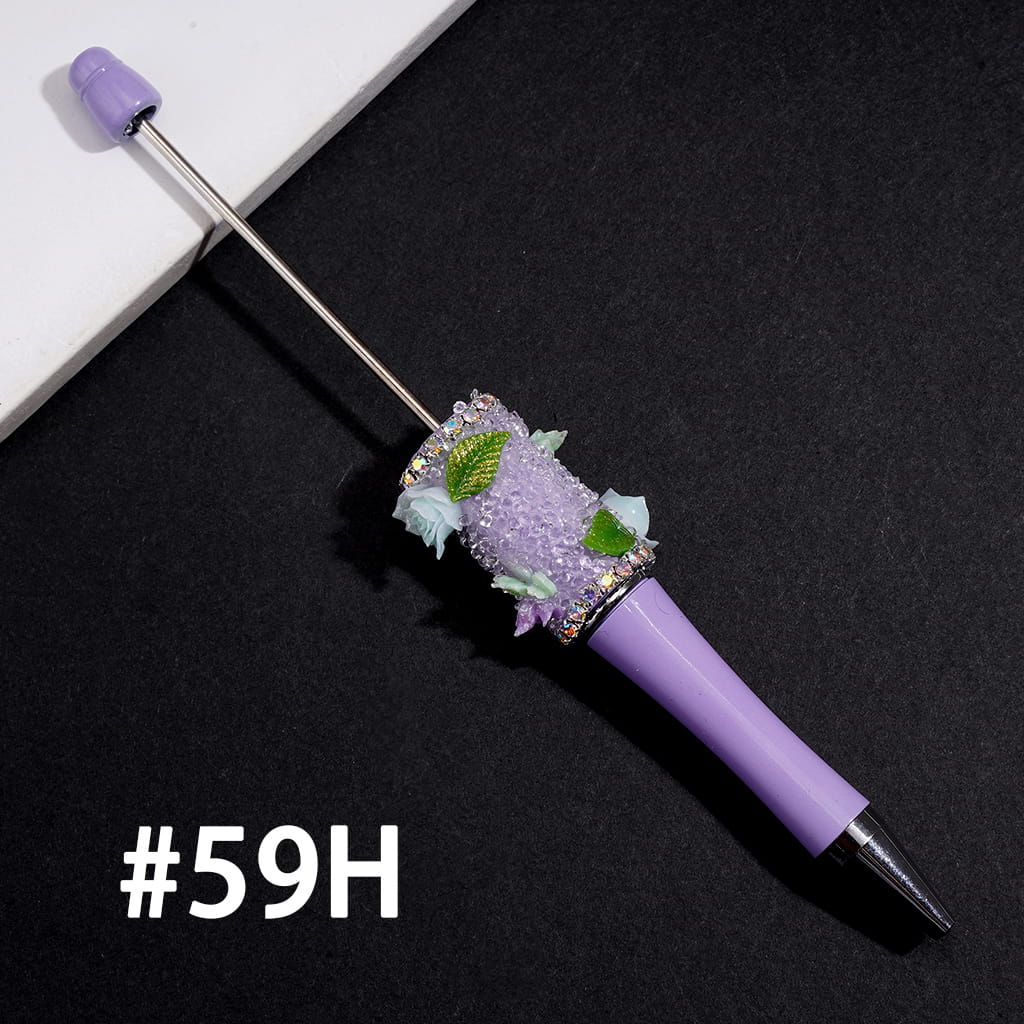 Hand-Made Beadable Sugar Pen w Leaf, Flower & Butterfly Designs, AB Rhinestone Chain, Multi-Color