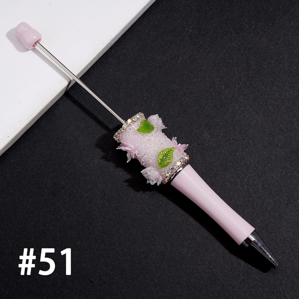 Hand-Made Beadable Sugar Pen w Leaf, Flower & Butterfly Designs, AB Rhinestone Chain, Multi-Color