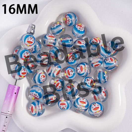 Acrylic Beads for Bracelets Two Blue Robot Cat Characters and Glitter Embedded Inside Bead, 16MM, Semi-Clear