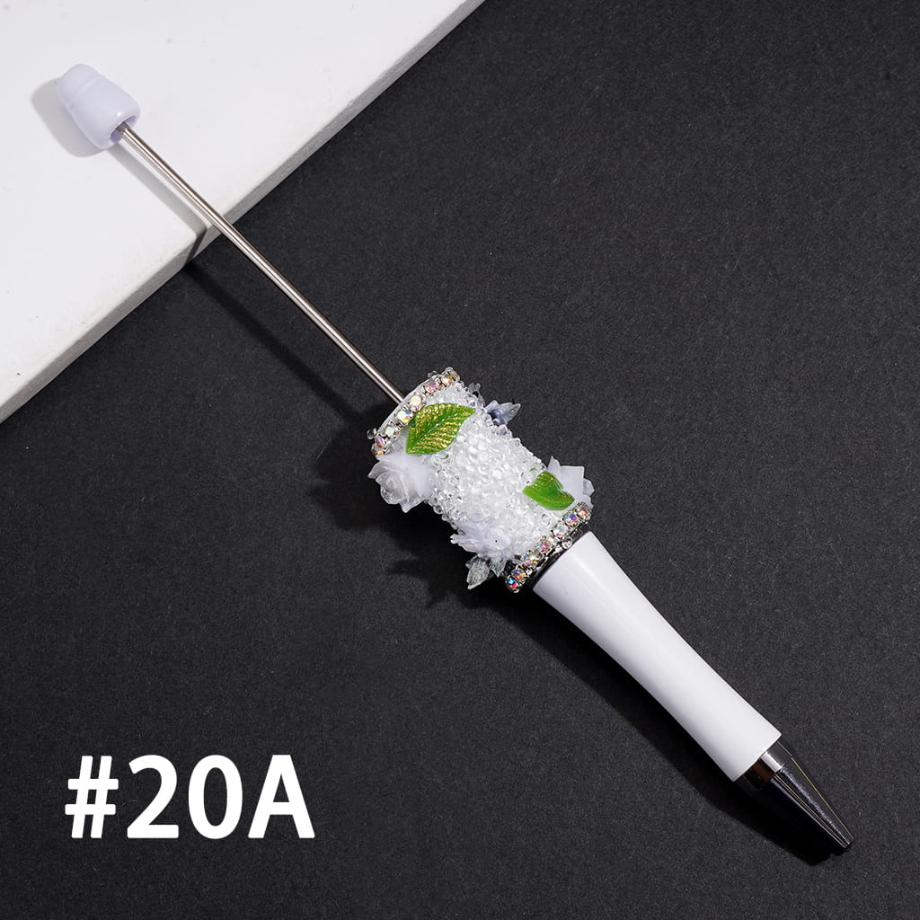 Hand-Made Beadable Sugar Pen w Leaf, Flower & Butterfly Designs, AB Rhinestone Chain, Multi-Color