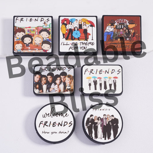 Set of 'Friends' themed coasters on a white background with 'beadablebliss' branding.