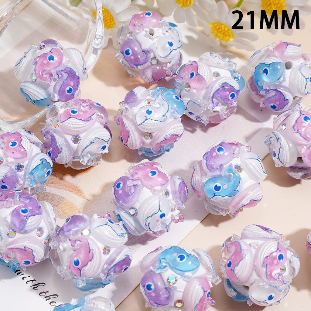 Clay Beads with Small Ocean Whale and AB Rhinestones, 21MM