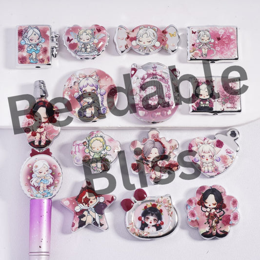 Collection of decorative items with cartoon character designs on a white background.