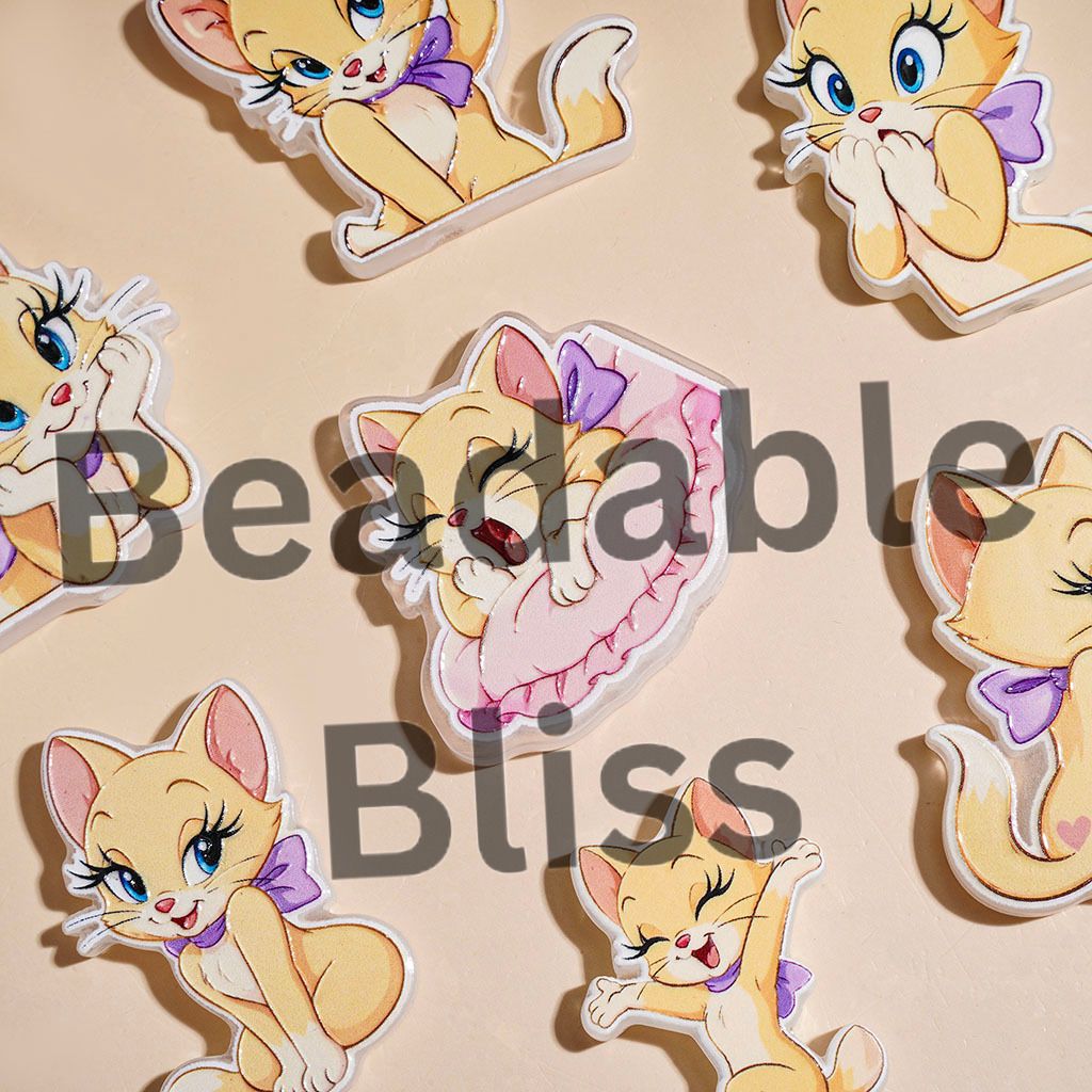 Fashionable Cat Character Wearing Purple Bowtie Acrylic Beads, Random Mix